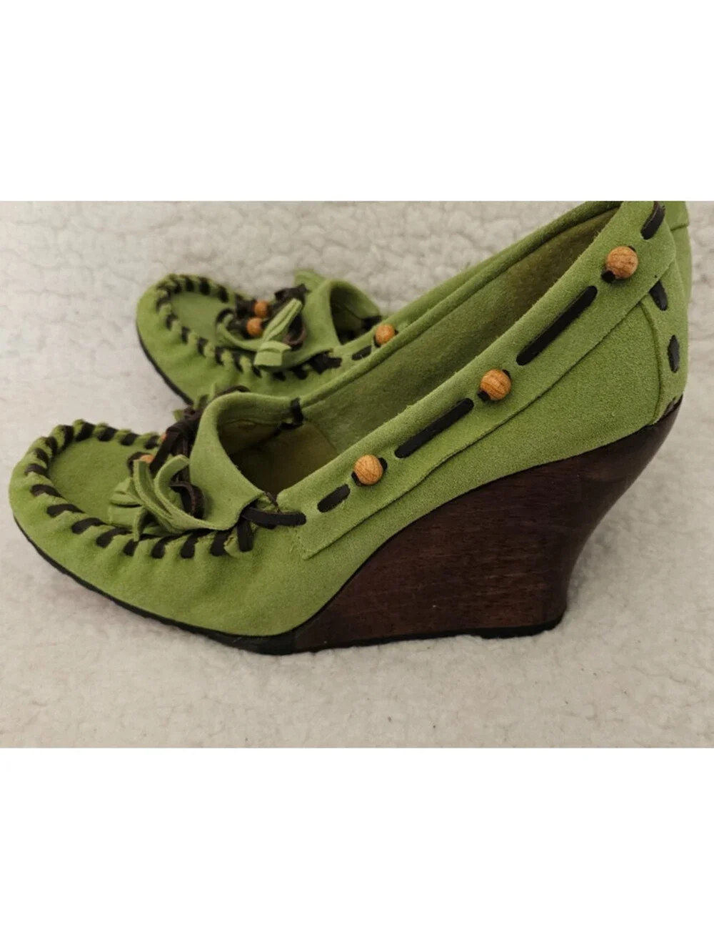 Sam Edelman Leather Wooden Heel Wedge Shoes Moccasins Green Size 8.5 M Slip On - Picture 1 of 15